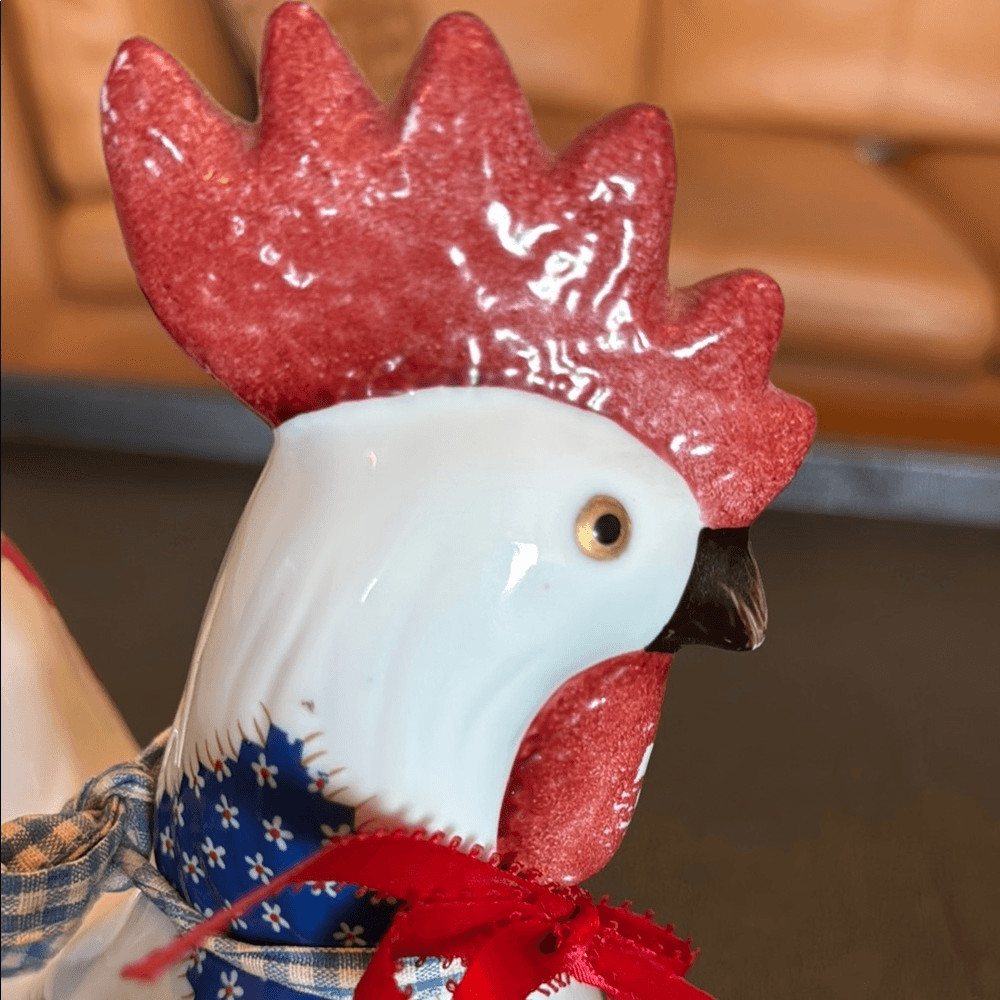 Patchwork Rooster Figurine - Red, Blue, and White Ceramic