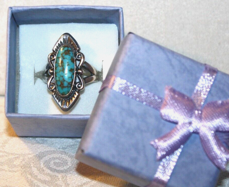 STERLING SILVER GORGEOUS MATRIX TURQUOISE SCROLL RING SIZE 5.75 BELL POST STYLE