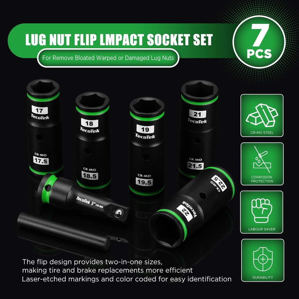 7PCS Lug Nut Socket Set, 1/2” Impact Thin Wall Flip Socket, Half Size Wheel S...