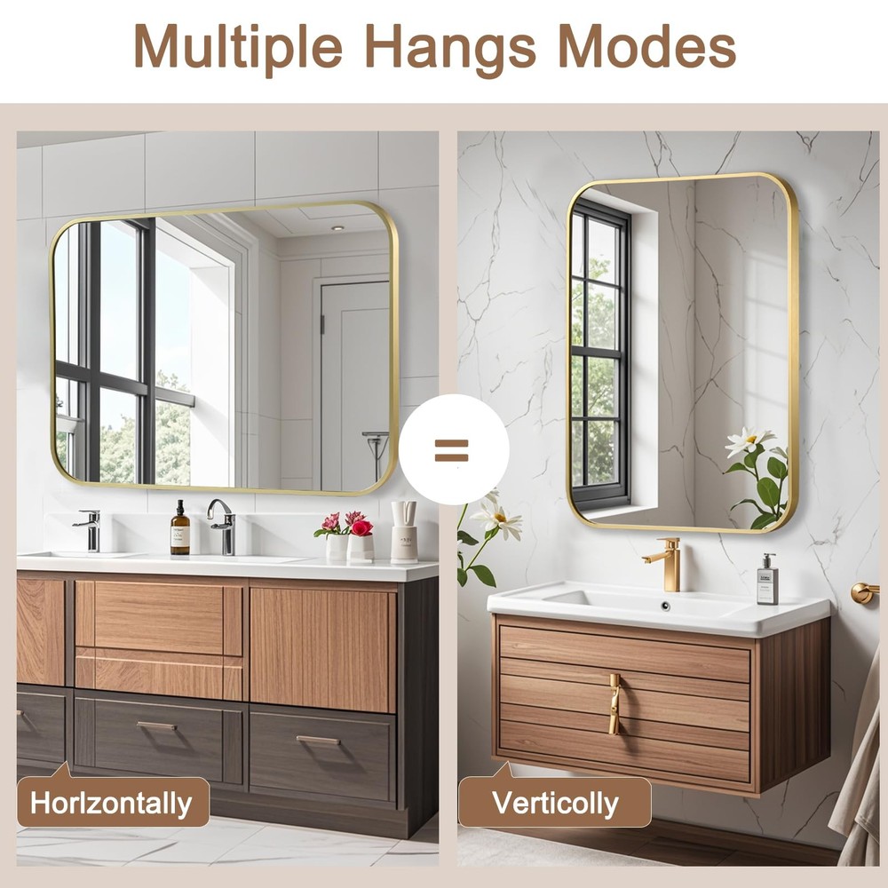 Brushed Gold Mirror, 22"x30" Rectangle Bathroom Mirror, Metal Frame Rectangle...