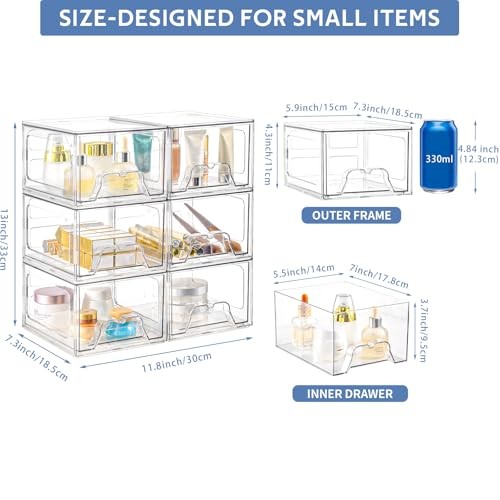 Plastic Drawers Storage, 6 Pack Clear Stackable Storage Drawers, 6Pack Standard