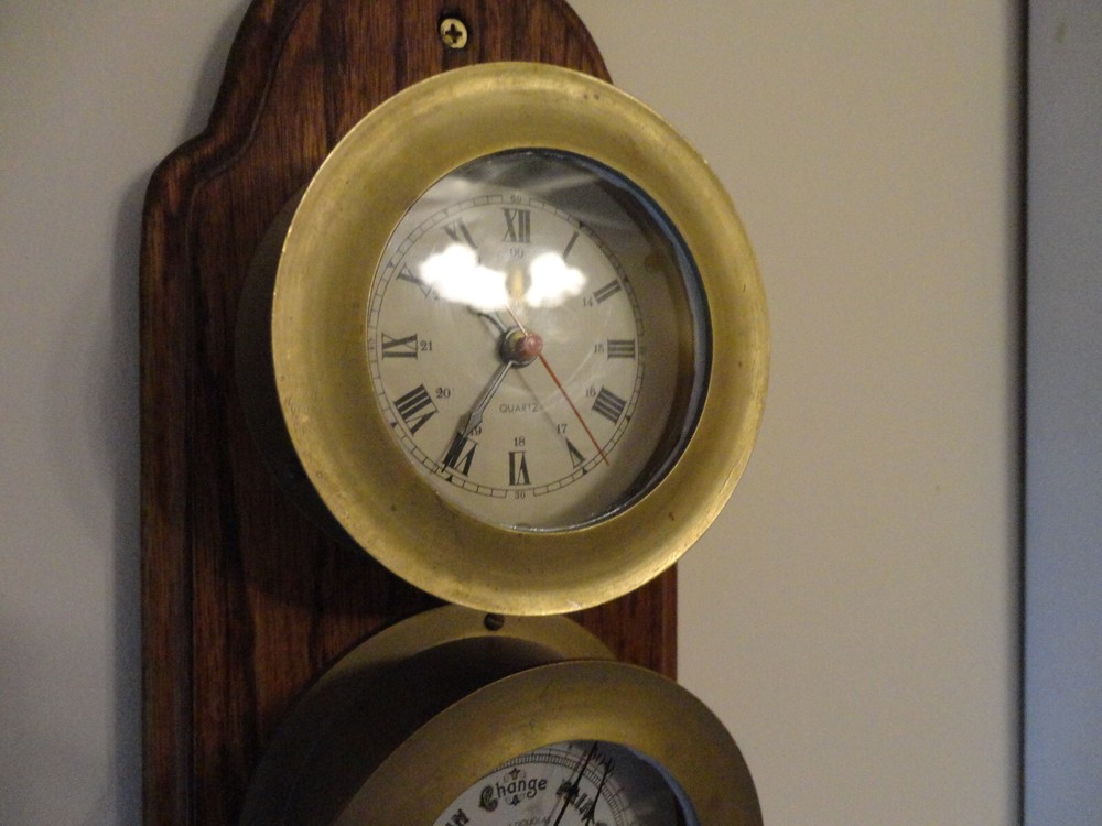 Brass Barometer & Ship's Clock on Wood Emory & Douglas Co.