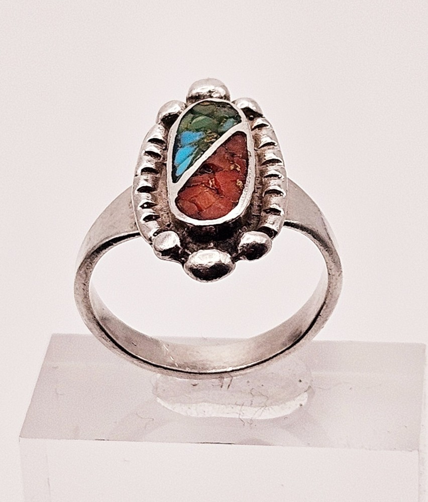Sterling silver coral & turquoise multi stone inlay native ring