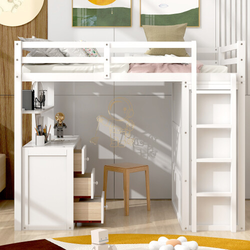 Twin Full Size Loft Bed with Desk Wardrobe Storage Cabinet Solid Wood Bed Frames