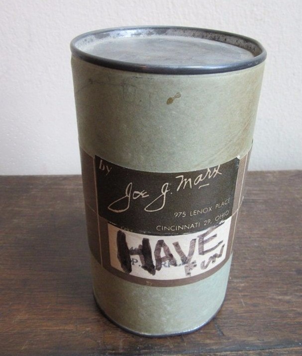 Old cardboard can with Joe J. Marx label