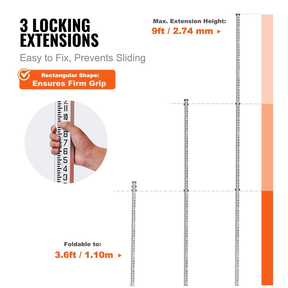 Weather-Resistant 9ft Survey Rod Multi-Section with Bubble Level Accuracy