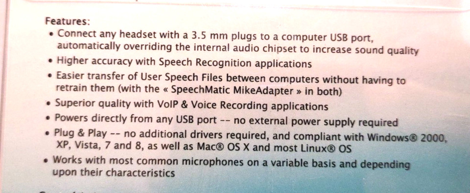 SpeechWare SpeechMatic USB MikeAdapter Speech Ware Matic Mike Adapter New
