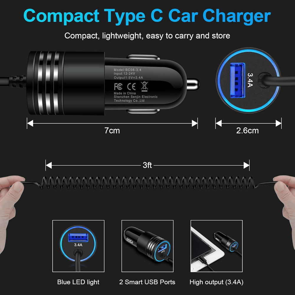 Android Car Charger Fast Charging Type C Coiled Cord, USB C Cigarette Lighter Ad