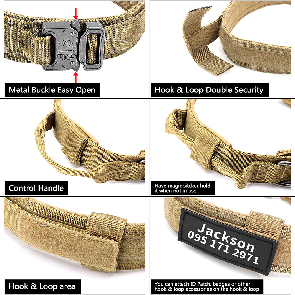 Personalized Tactical Dog Collar with Handle Military Training Custom Name Print