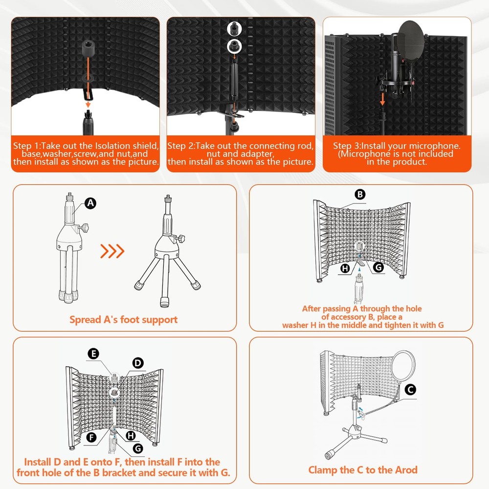 Desktop Microphone Isolation Shield with Tripod Stand Curved Panel, Foldable ...
