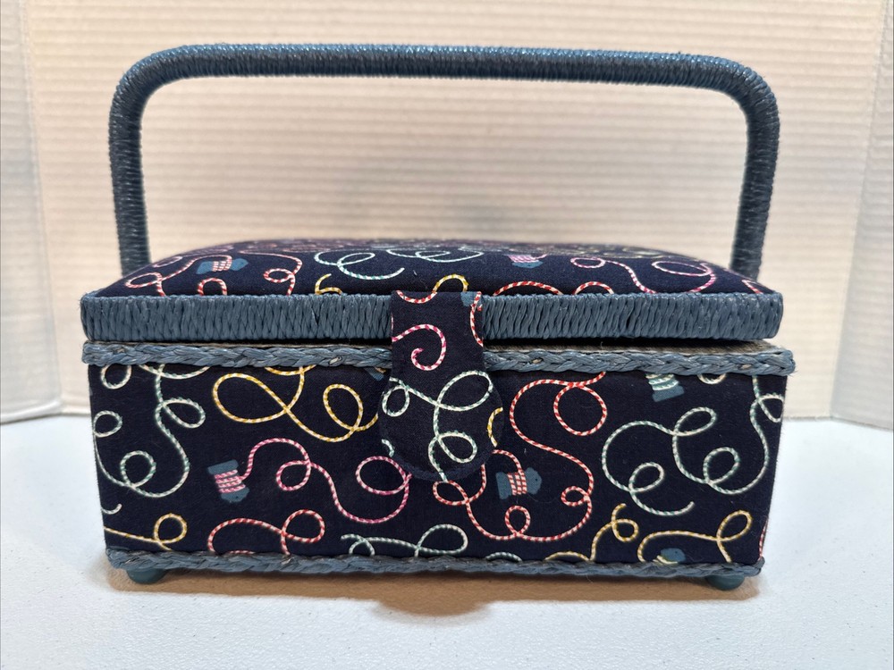 Sewing Basket Box Blue Fabric Plastic Woven Handle