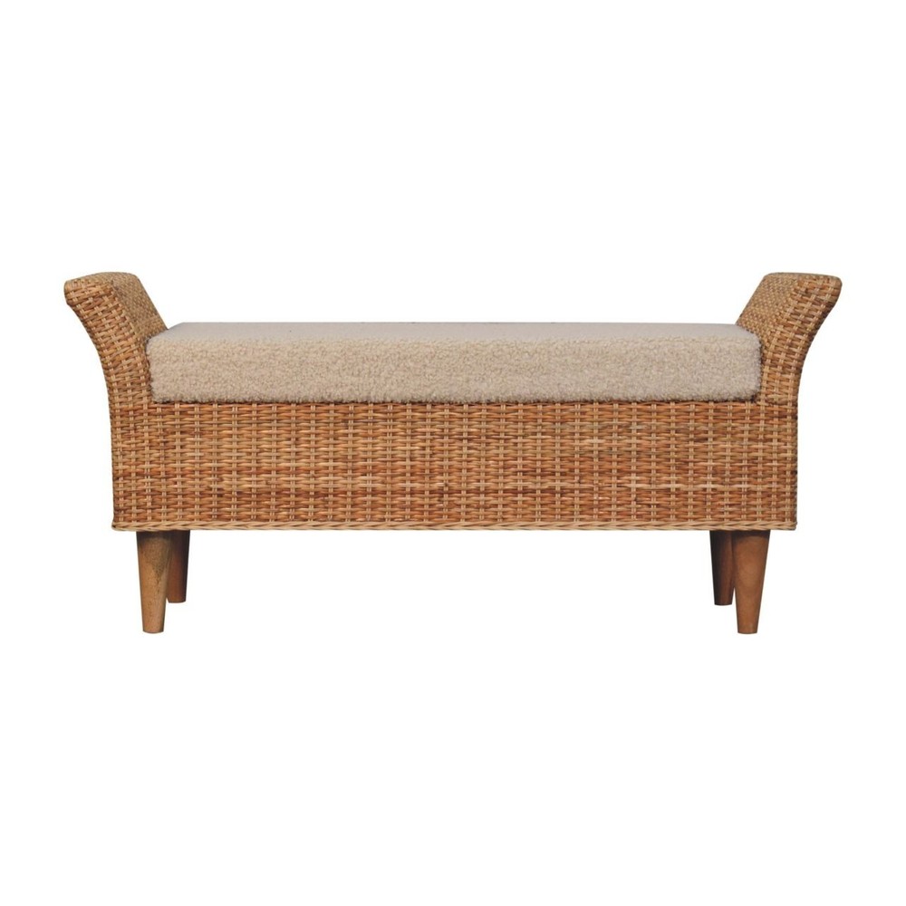 Rattan & Boucle Upholstered Bench