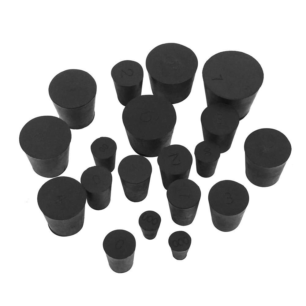 19PCS Solid Rubber Stoppers 10 Sizes #000 to #7 Lab Plug Black