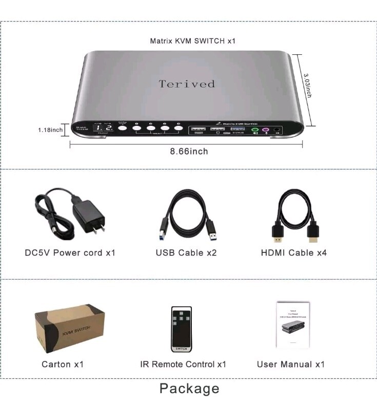 2 Computers 2 HDMI Monitors Matrix Automatic KVM Switch 4K@60Hz Hotkey Switching
