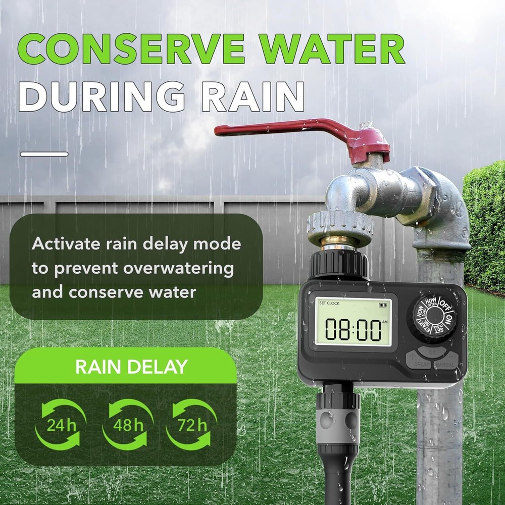 BN-LINK Sprinkler Timer Outdoor, Programmable Water Timer with Rain Delay LCD
