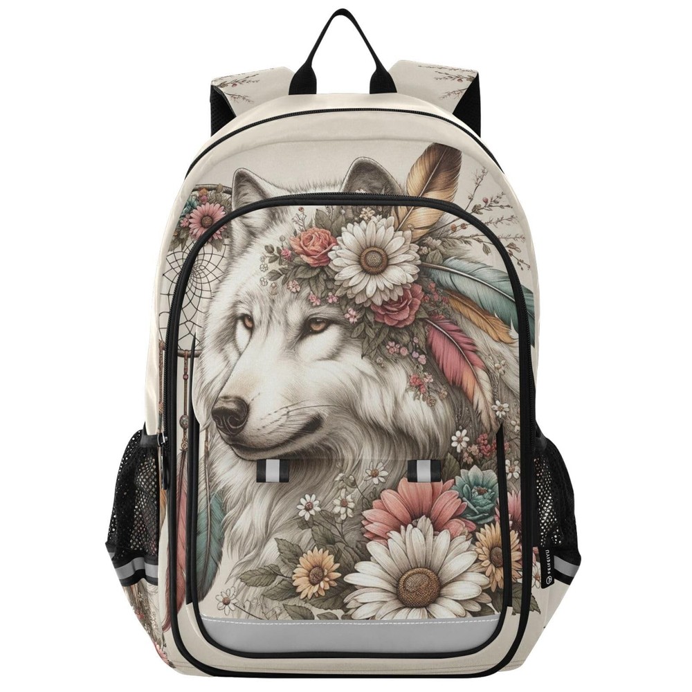 senya Wolf Backpack for Boys Girls, Flower Dreamcatcher Wolf Backpack Student...