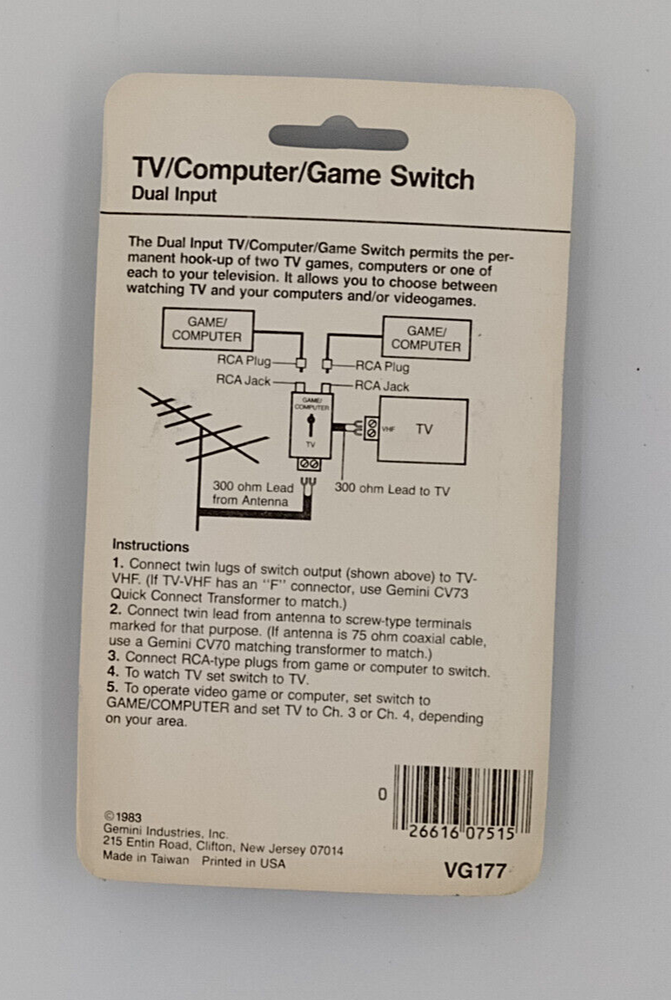 TV Computer Game Switch, Dual Input. Gemini VG177 NOS. VHF switch. Atari Switch.