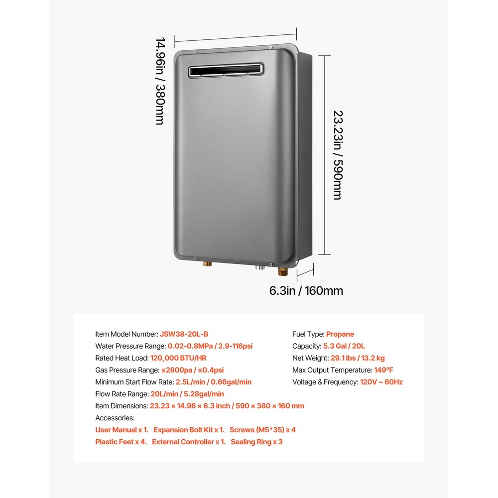 Uimoso Propane Tankless Water Heater 5.3Gal 120000 BTU Smart Temp Control