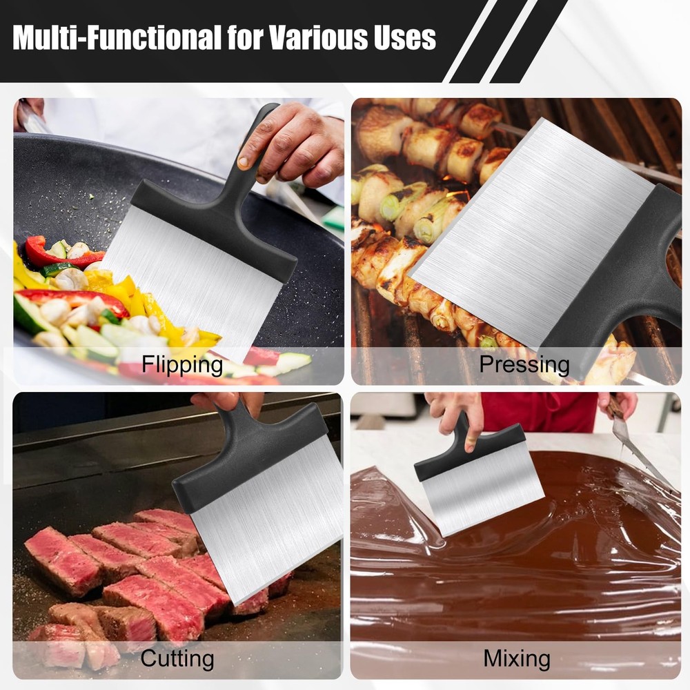 Grill Scraper, Griddle Food Scraper with Handle for Sliver&Black