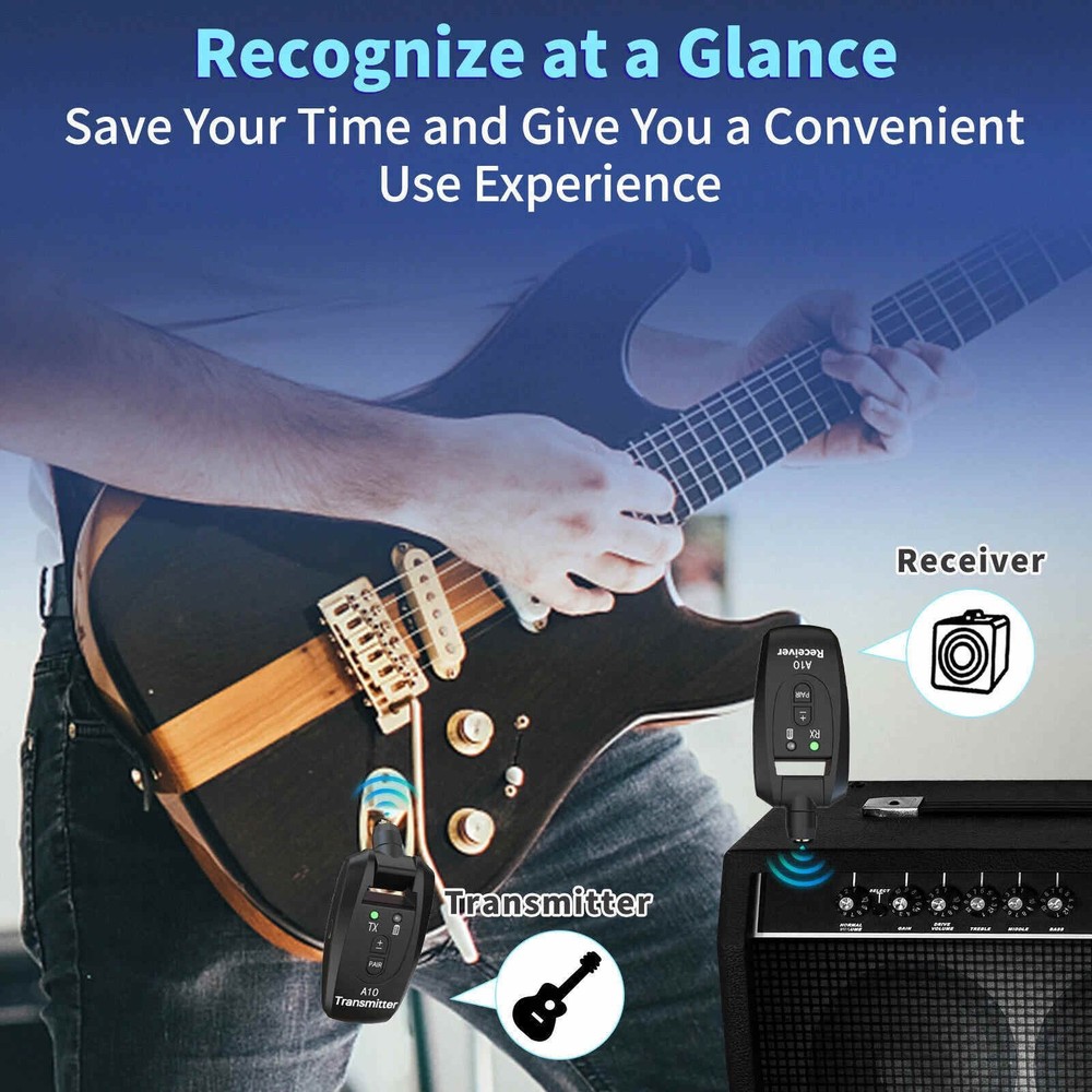 Guitar Wireless Transmitter & Receiver System 100ft 5H Battery 24Bit 48KHz