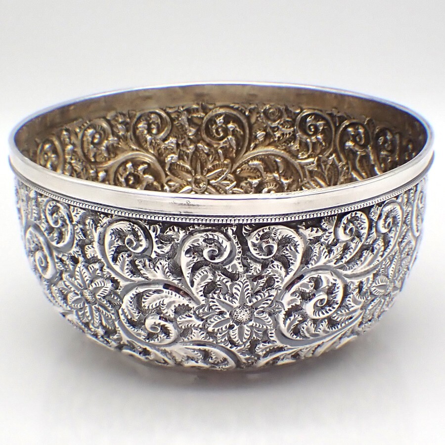 Ornate Repousse Bowl Sterling Silver 1888 Inscribed Underneath