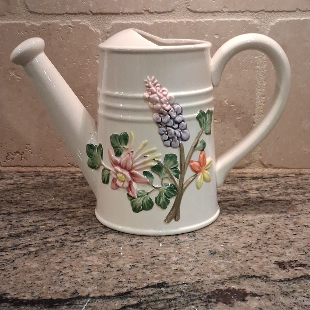 Ceramic Decorative Watering Can Floral Design White Multicolor