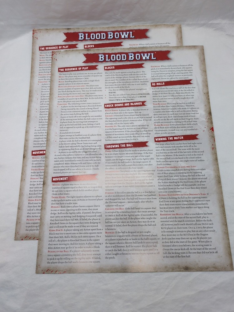 (2) Warhammer Blood Bowl Reference Sheets