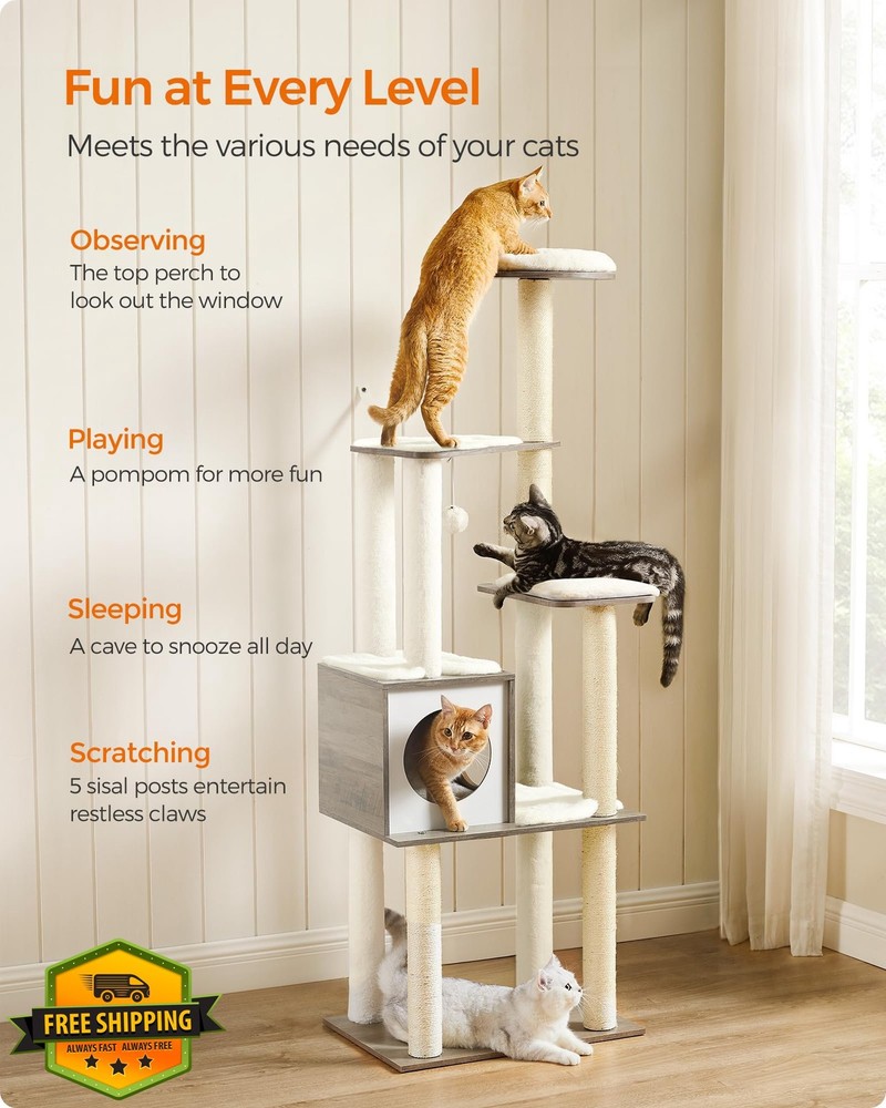 Feandrea Cat Tree 64.6" Modern Condo 5 Scratch Posts Heather Greige