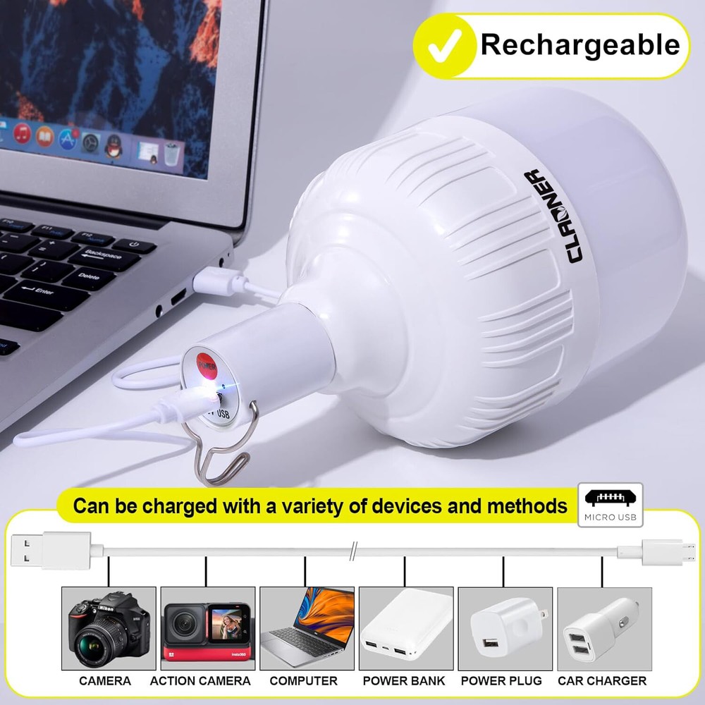 20W USB Rechargeable LED Work Lights Bulb with Hanging BBQ Camping Emergency
