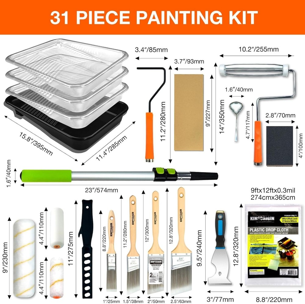 King Origin 31 Pcs Paint Roller Kit, 9" & 4" Paint Roller Extension Pole, Paint