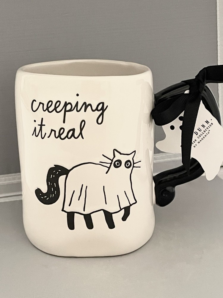 RAE DUNN  CREEPING IT REAL  Coffee Tea Mug Cat Ghost Halloween 18 oz. NWT