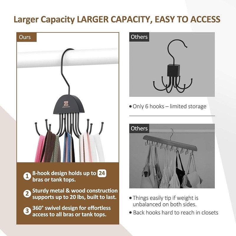 Tank Top Bra Hanger Set Space Saving 48 Capacity Rotating Hooks Storage Solution