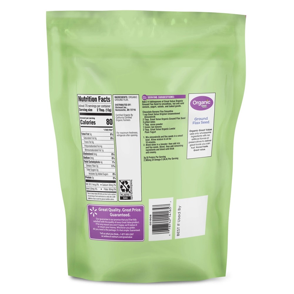 Great Value Organic Ground Flax Seed, 32 oz ,907g.