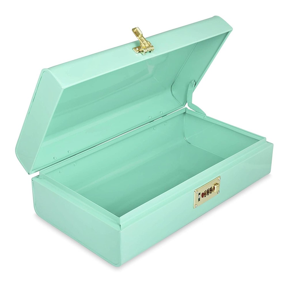Vintage Style Metal Storage Rectangular Trunk Storage Chest With Lock Aqua