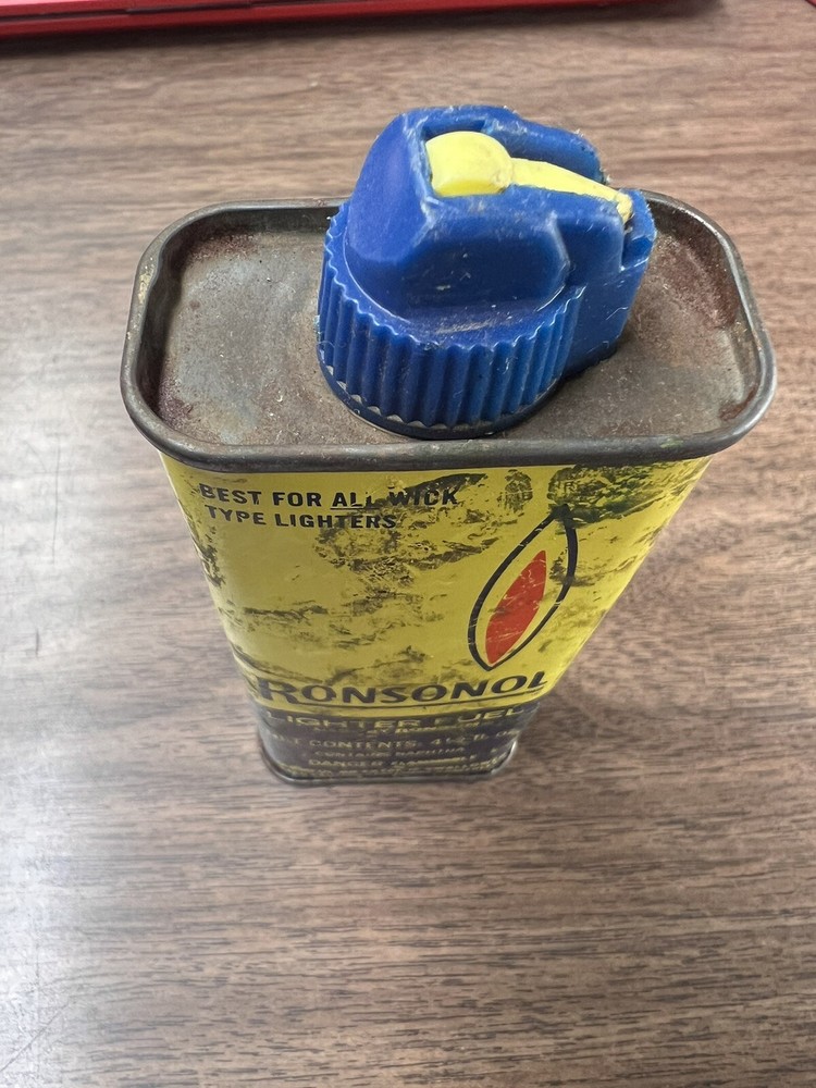 Vintage Ronsonol Lighter Fluid Tin Blue Yellow Switch Spout Empty