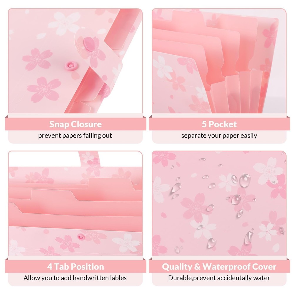 SKYDUE Pink Expanding File Folder with 5 Pockets, letter, A4, Sakura