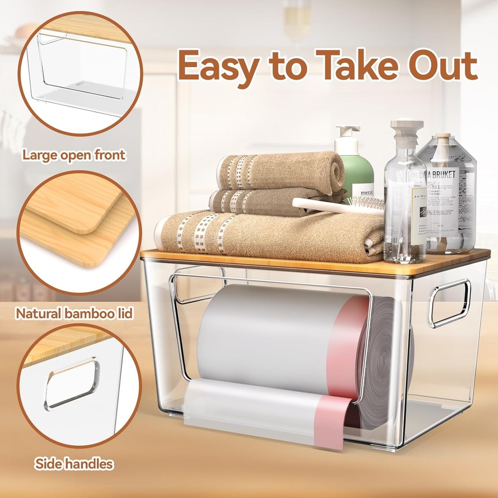 2 Pack Trash Bag Holder with Bamboo Lid, Stackable Trashbag Dispenser, Extra Lar