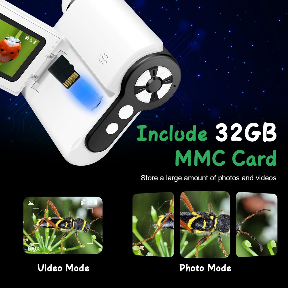 4K Kids Microscope 2" IPS Screen 1000X Handheld Digital Microscopes 32GB Card