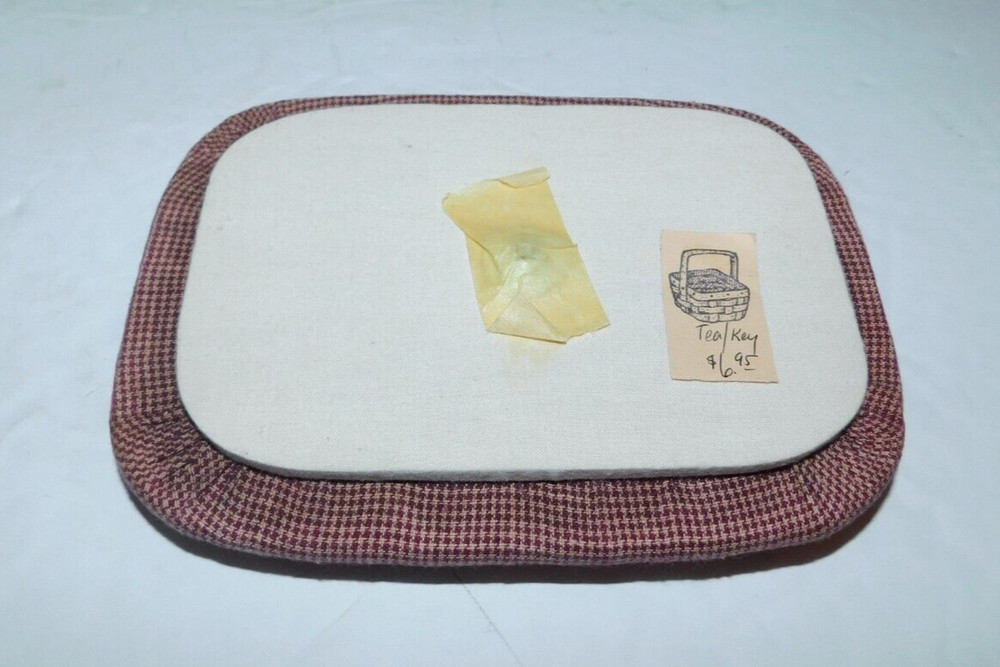 NICE PREOWNED PLAID FABRIC COVERED RECTANGULAR BASKET LID 5 7/8" X 4"