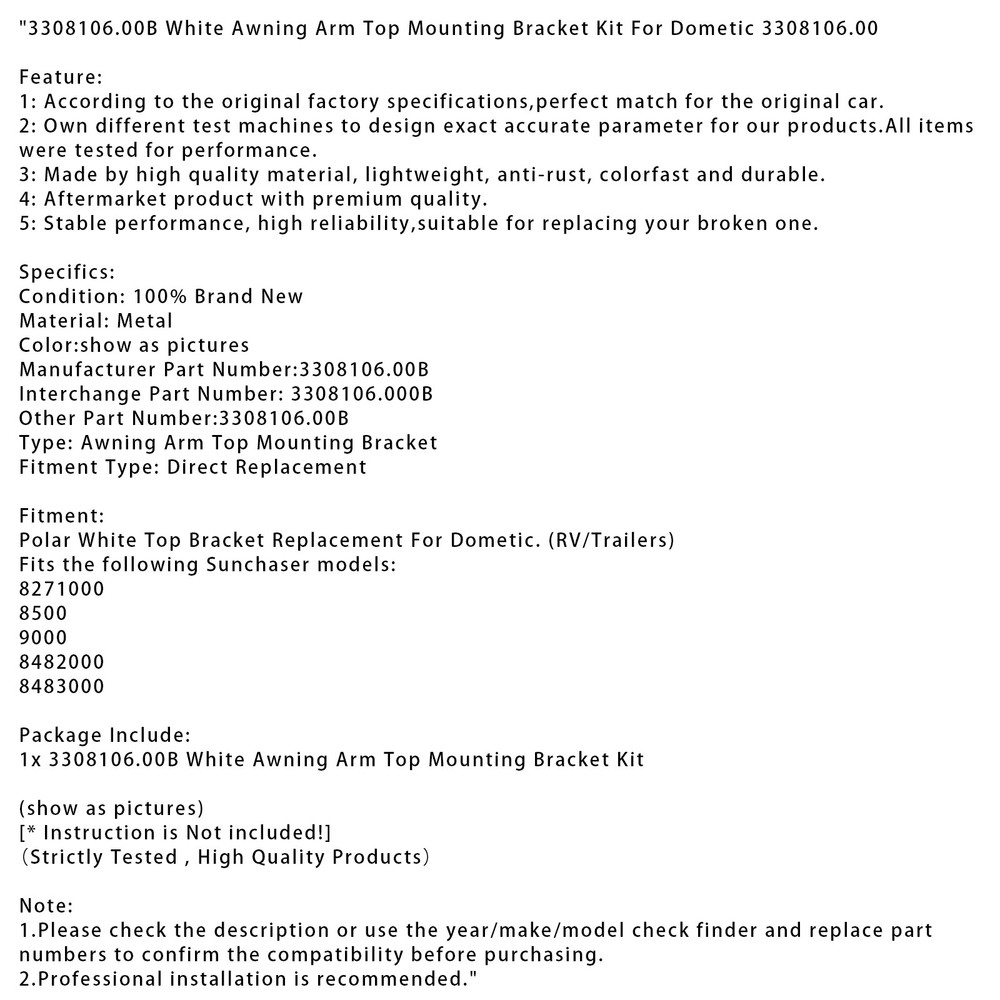 3308106.00B White Awning Arm Top Mounting Bracket Kit For Dometic 3308106.00.