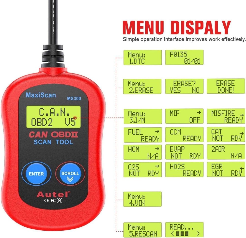 Autel MS300 OBD2 Scanner Code Reader Turn Off Check Engine Light Car Diagnostics