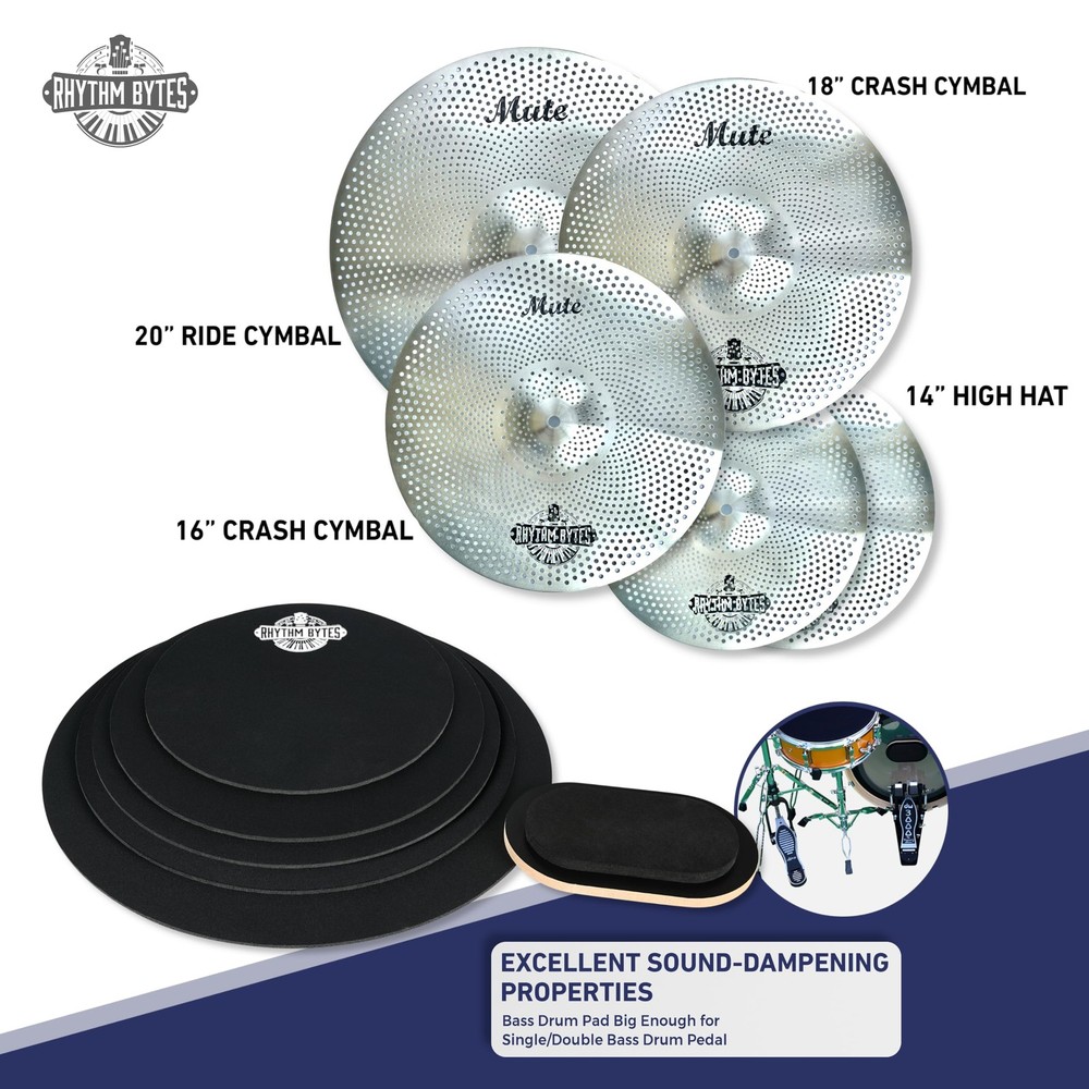 Rhythm Bytes Low Volume Cymbal Pack 12-pcs Complete Mutes Set Silver, Silver