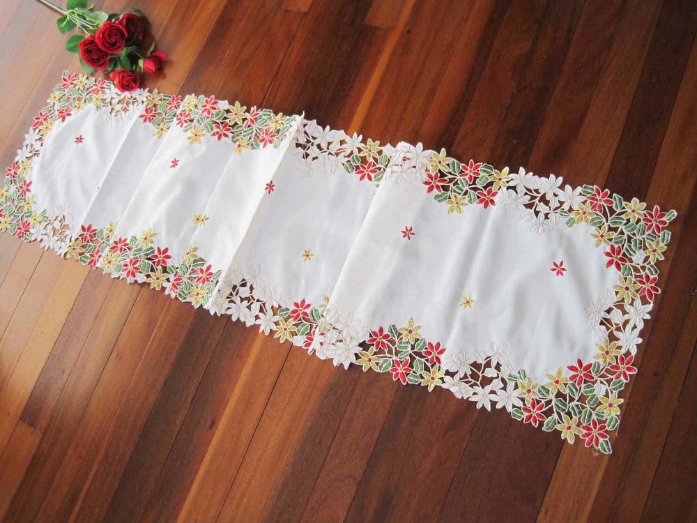 Pretty Red Golden Thread Flower Embroidery Cutwork Ivory Table Runner XL