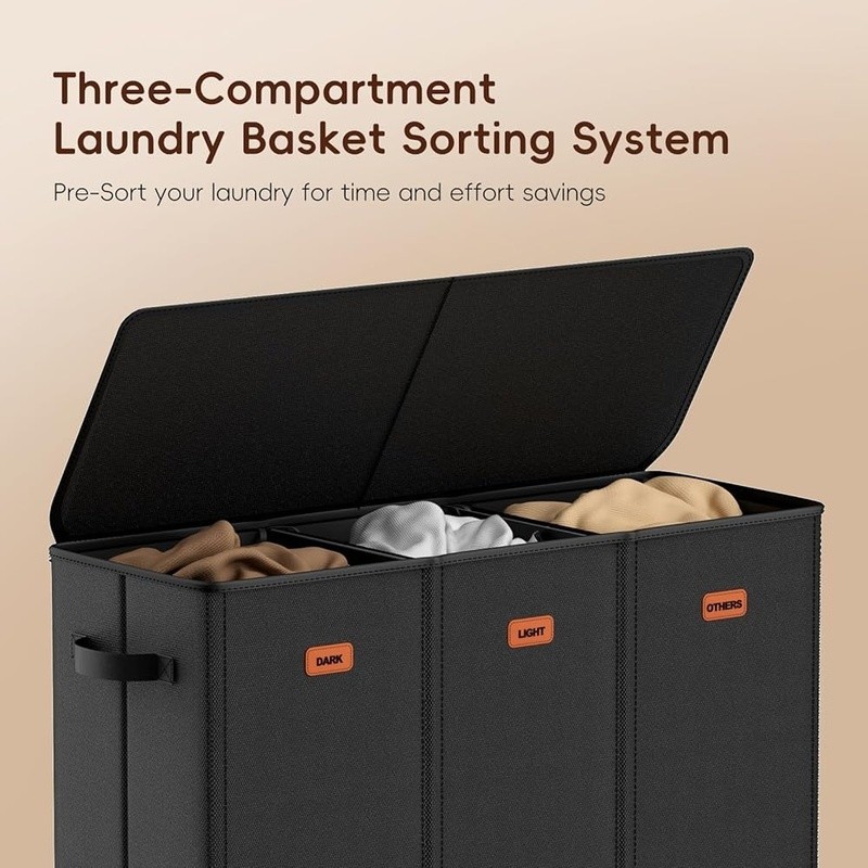 3 Compartment Laundry Hamper W/ Lid Removable Bags Odor Control Space Saving New