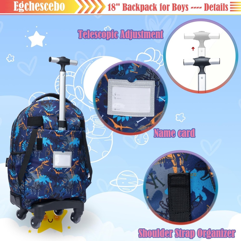Rolling Backpack for Boys Dinosaur Suitcases Trolley Roller Luggage Backpacks...