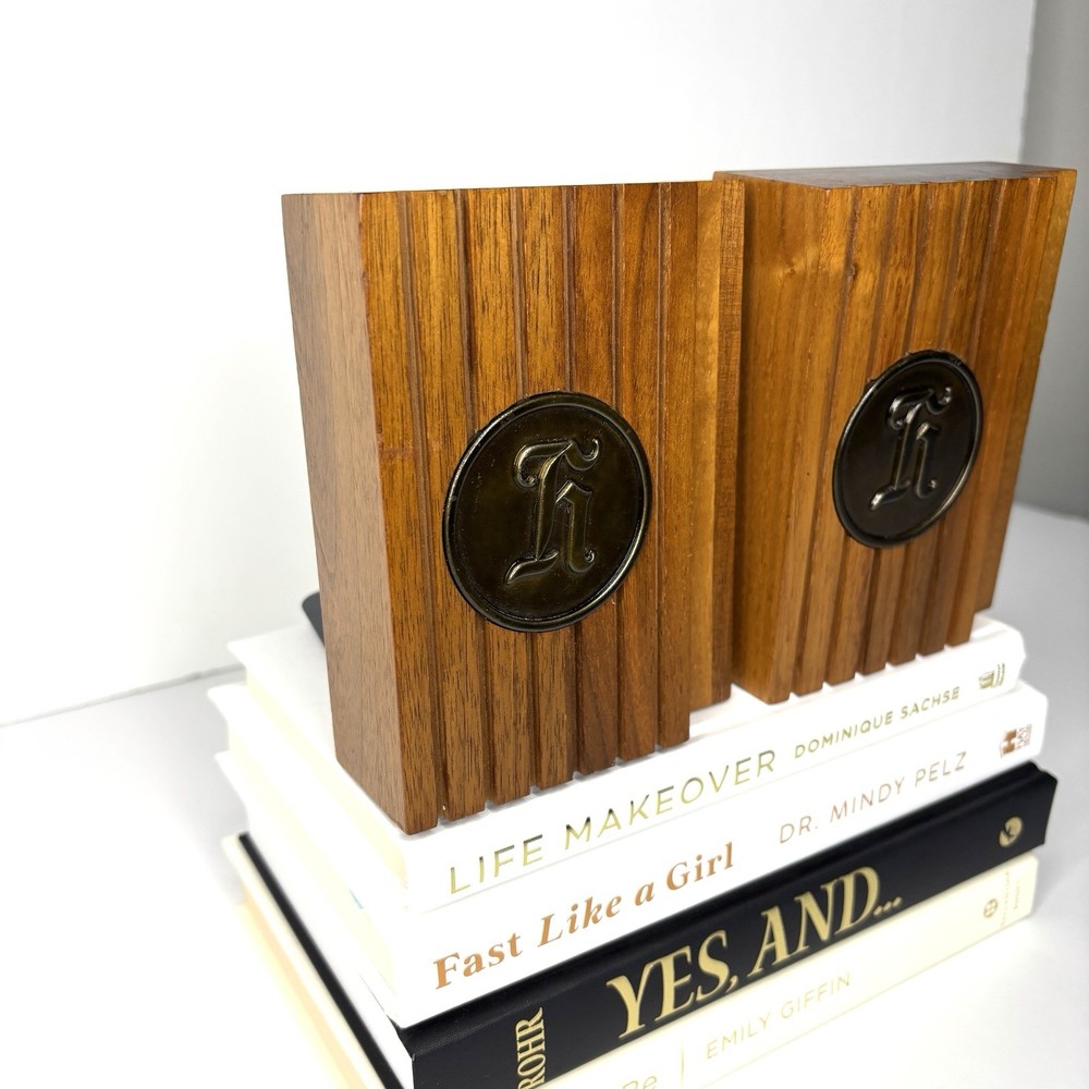 Bookends Solid Walnut Wood Personalized Initial Letter H Mid-Century Modern Book