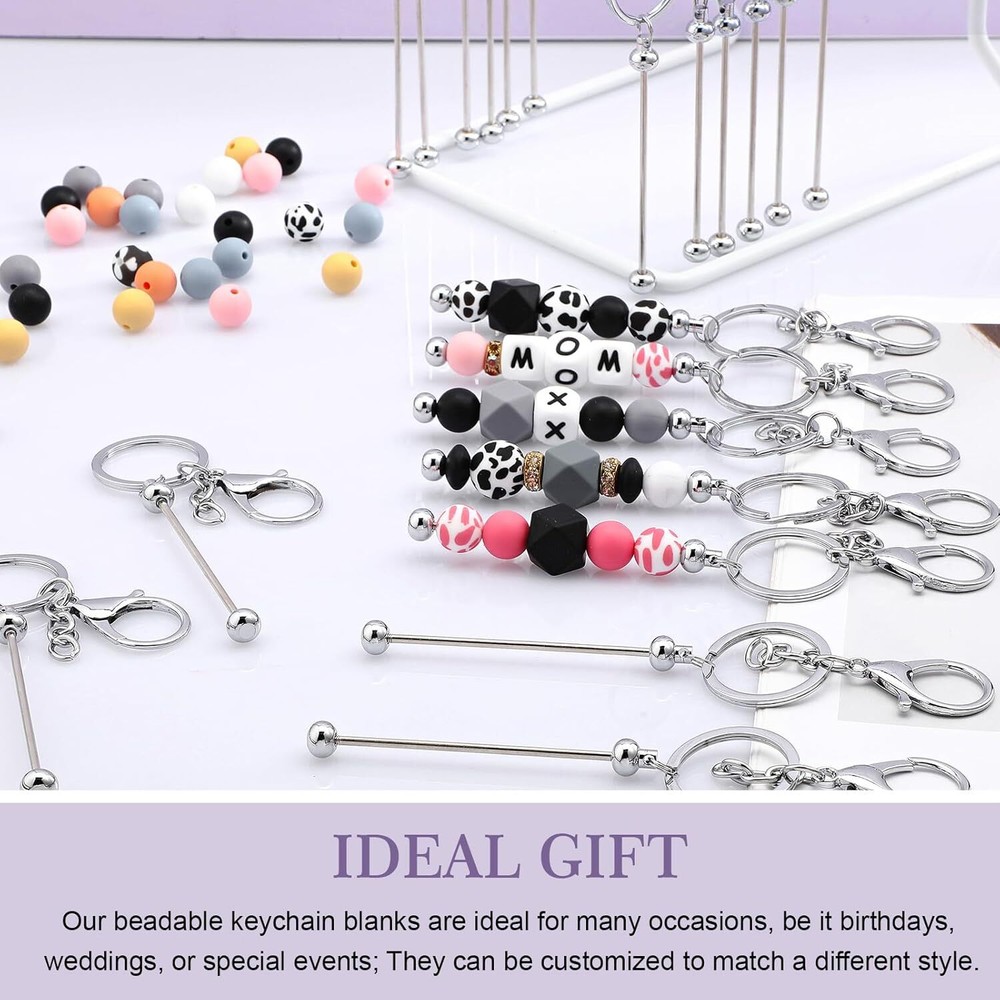 24 Pcs Beadable Keychain Bars Bulk for Beads DIY Blank Metal Silver