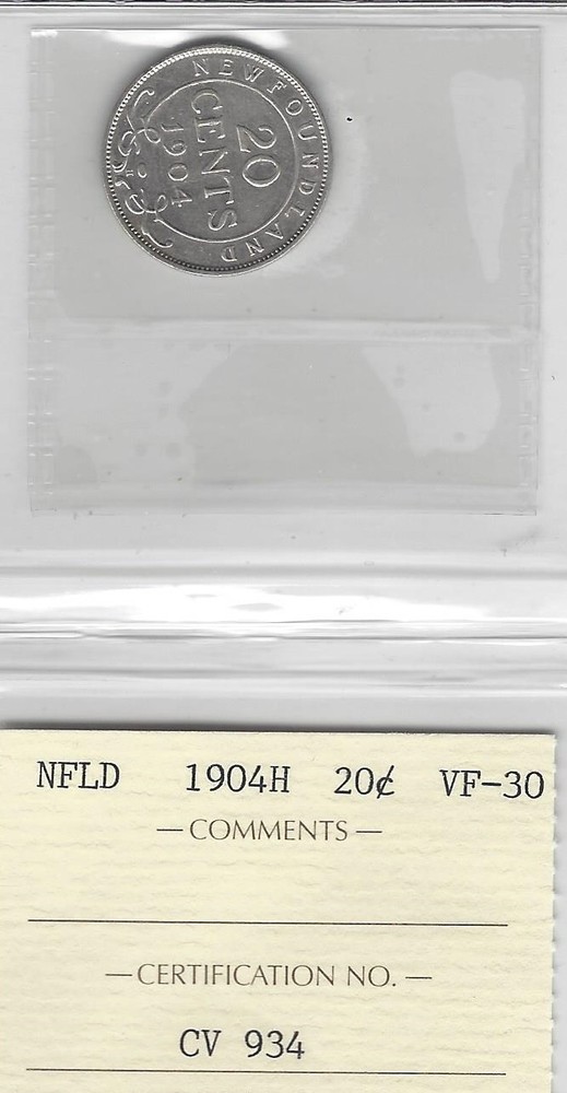 1904H ICCS Graded Newfoundland Twenty Cent **VF-30**