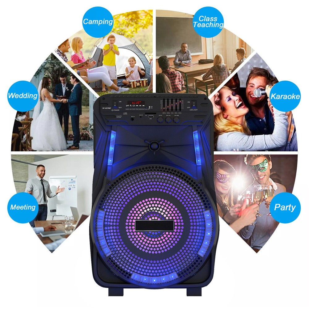 12" Portable Bluetooth Speaker 5-Band Equalizer DJ Party Speaker System W/Mic