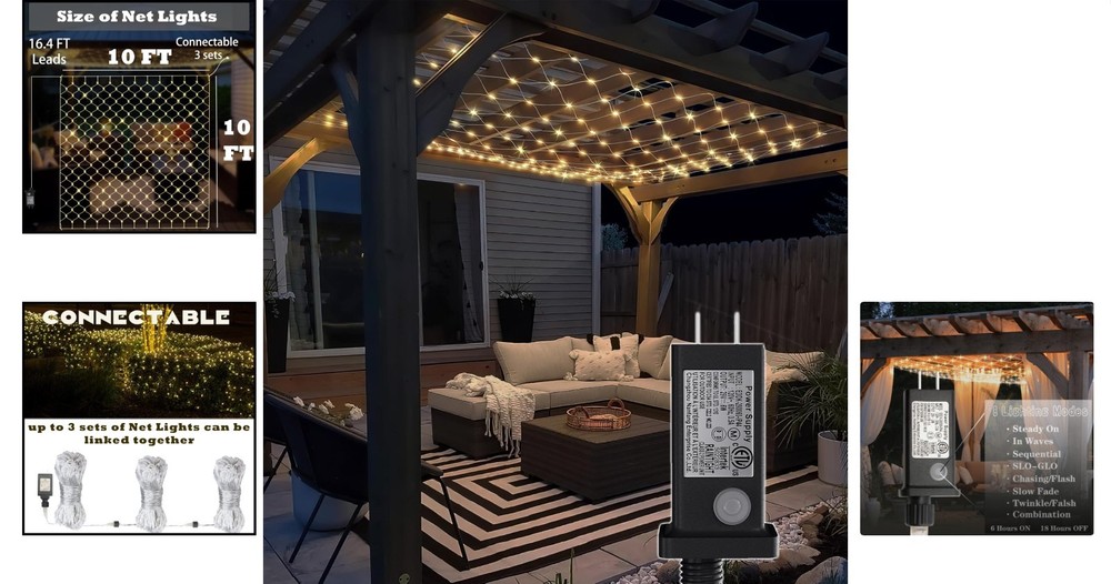 Connectable 360 LED Gazebo Net Lights - 10×10 FT with Timer & 8 Lighting Modes